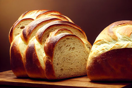 Delicious bread fresh from the oven on the table. Finest bakery. Blurred background.