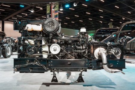 Exposed chassis, engine, gears and motor of a Mercedes-Benz bus on display at the LAT.BUS 2022 show, held in the city of SÃ£o Paulo.のeditorial素材