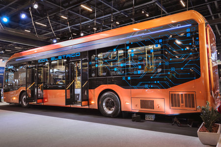 Electric bus Caio eMillenium on display at the LAT.BUS 2022 exposition, held in the city of SÃ£o Paulo.のeditorial素材