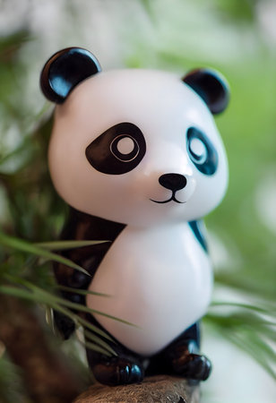 Illustrative drawing of a small fictional panda made of plastic and vinyl. Blurred background. 3D render. Digital art.の写真素材