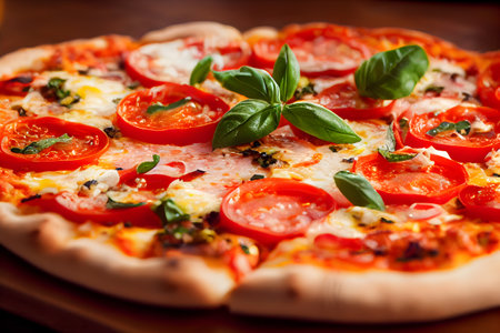 Macro illustrative figure of pizza with tomatoes and basil. Still life. Blurred background. 3D render.の写真素材