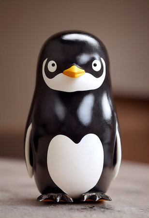 Illustrative drawing of a small fictional penguin made of plastic and vinyl. Clean background. Illustration imitating photo in studio. 3D render. Digital art.の写真素材