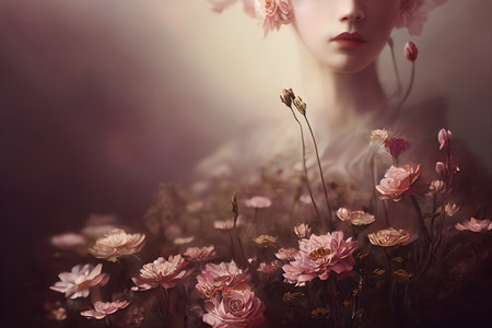 Delicate painting with flowers and a girl. Pastel tones. Blurred background. Digital art.の写真素材