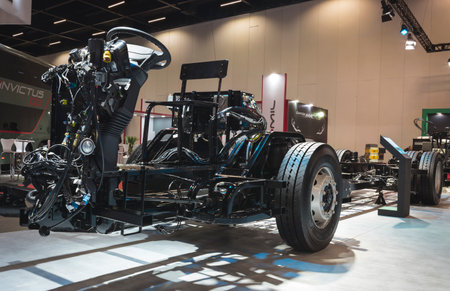 Exposed chassis, engine, gears and motor of a Mercedes-Benz bus on display at the LAT.BUS 2022 show, held in the city of SÃ£o Paulo.のeditorial素材