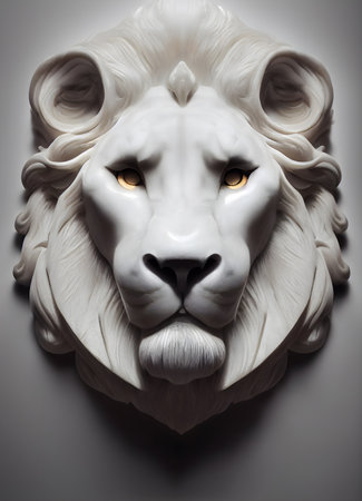 3D representation of a lion's face. Character design carved in marble and porcelain. Symmetrical composition and cinematic light.の写真素材