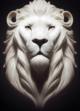 Illustrative drawing of a white lion statue carved in marble and porcelain. Symmetrical composition...