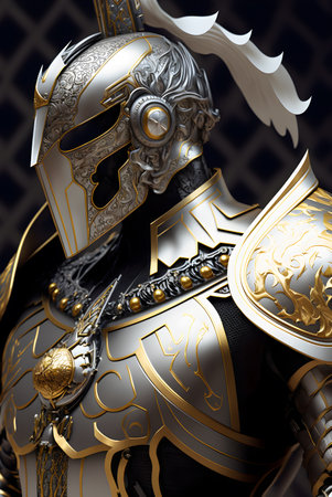 Detail of shining silver and gold armor with rococo style helmet, gold accents, elegant shapes and lines. Generative AI.の写真素材