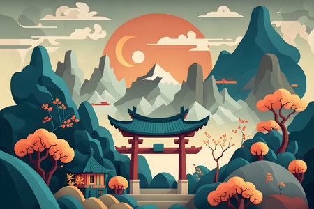 Modern design of chinese landscape illustration. Multicolored plan. Generative AI.の写真素材