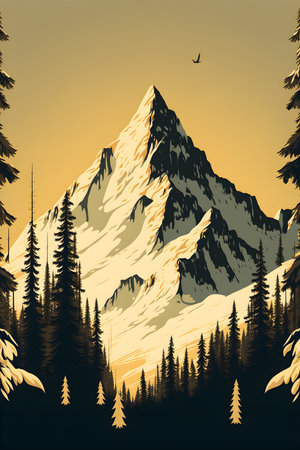 Vector illustration of a high mountain with pine trees and greenery. Landscape design.の写真素材