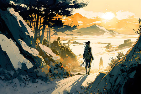 Manga style drawing of a future dystopian landscape. Surreal painting storyboard. Generative AI.の写真素材