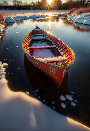 Small boat sitting on a partially frozen river. Sunset scene. Generative AI.の写真素材