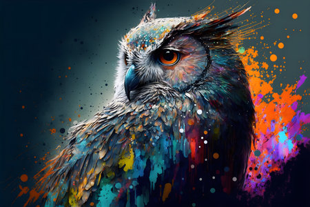 Illustrative surreal design of an owl. Multicolored painting. Generative AI.の素材