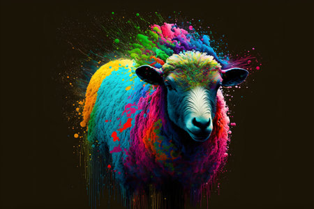 Illustrative abstract design of a sheep. Multicolored painting. Generative AI.の素材