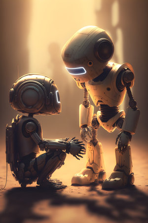Dialogue between two robots. Robotic art surreal illustration. Generative AI.の素材