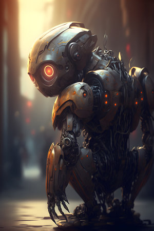 Reflections of an old robot. Robotic art surreal illustration. Generative AI.の素材