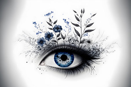 Illustrative design of a female eye with flower ornaments. White background. Generative AI.の素材