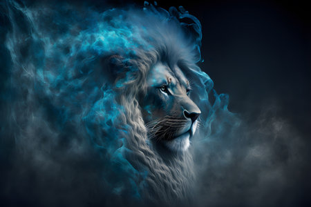 Artistic drawing of a lion with multicolored smoke around. Portrait style.
