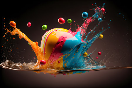 Fun abstract composition with different colorful elements. Splashing of liquid and solid elements.の写真素材