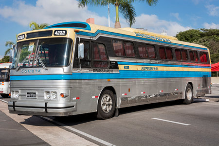 Bus vehicle Ciferal Dinossauro Scania BR116 1979 on display at Bus Brasil Fest 2022 show, held in the city of Barueri.のeditorial素材