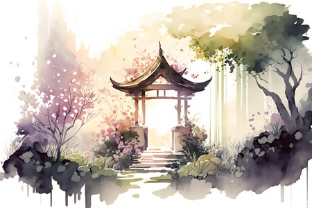 Entrance to a garden with flowers and trees. Watercolor painting style.の写真素材