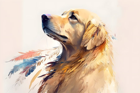 Illustration drawing of a dog with golden feathers. Surreal style in white background.の写真素材