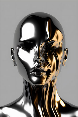 Distorted face of mannequin made of metal. Surrealist art and modern concept. Generative AI.の素材