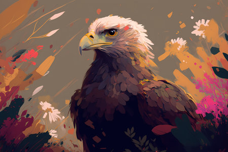 Artistic painting of an eagle with flowers and ornaments. Drawing in watercolor style. Generative AI.の素材