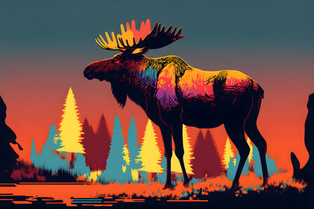 Illustrative design of an isolated moose. Multicolored painting. Pop art style ink design. Generative AI.の素材