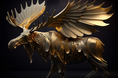 Surreal figure of a moose. Metal material with golden details. Black background. Generative AI.の素材