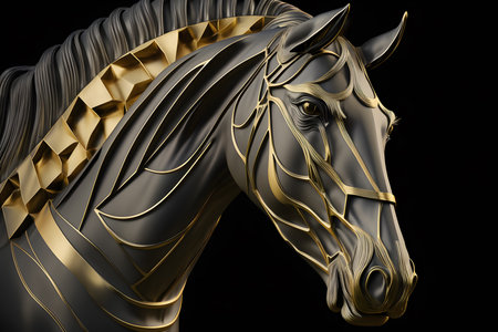 Surreal figure of a horse. Metal material with golden details. Black background. Generative AI.の素材
