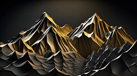 Artistic drawing of a mountain range. Strong outline with pen and ink with metallic gold. Minimalist art. Generative AI.の素材