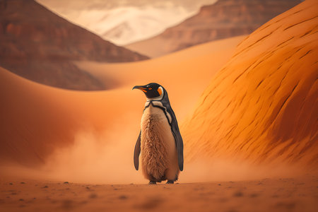 Illustration of a penguin walking through a deep desert. Generative AI.の素材