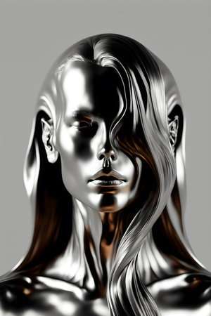 Distorted face of mannequin made of metal. Surrealist art and modern concept. Generative AI.の素材