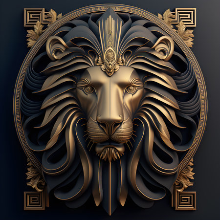 Surreal illustration in art deco of a lion. Gold edges and front view with ornaments. Symmetric design. Generative AI.の素材