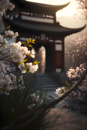 Illustration of white flowers blooming with blurred background. Chinese ancient architecture. Morning sun. Generative AI.の素材
