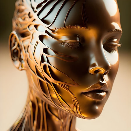 Surreal face of mannequin made of metal and gold. Contemporary art and modern concept. Generative AI.の素材