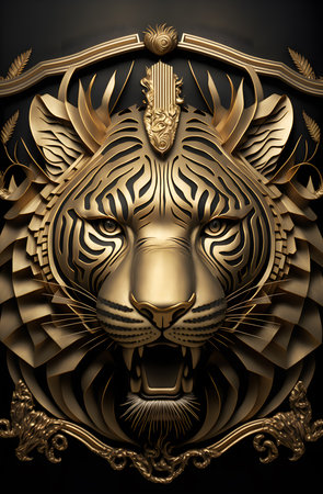 Surreal illustration in art deco of a tiger. Gold edges and front view with ornaments. Symmetric design. Generative AI.の素材