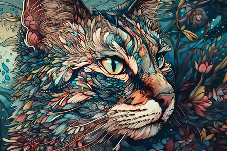 Stunning illustration of a cat with floral ornaments. Multicolored surreal elements. Generative AI.の素材