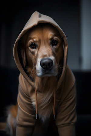 Image of a dog wearing a hoodie with hood. Studio portrait style. Generative AI.の素材