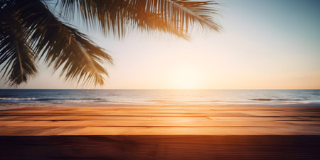 Empty wooden table in front of sunset. Beach with palm leaf. Blurred background. Generative AI.の素材
