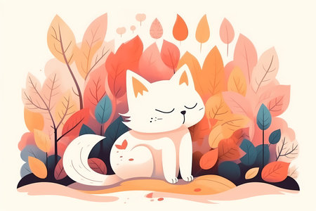 Cute kitten in a dreaming beautiful and colorful forest. Kawaii design style. Generative AI.の素材