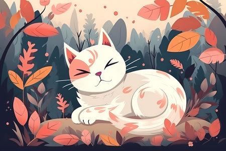 Cute kitten in a dreaming beautiful and colorful forest. Kawaii design style. Generative AI.の素材