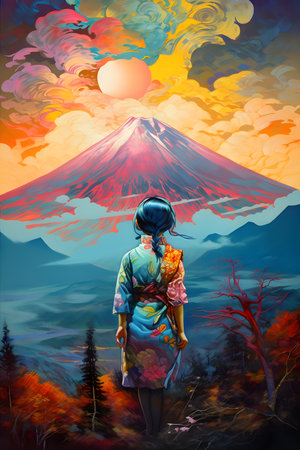 Painting with surreal features of a girl looking at the landscape with a high mountain. Generative AI.の素材