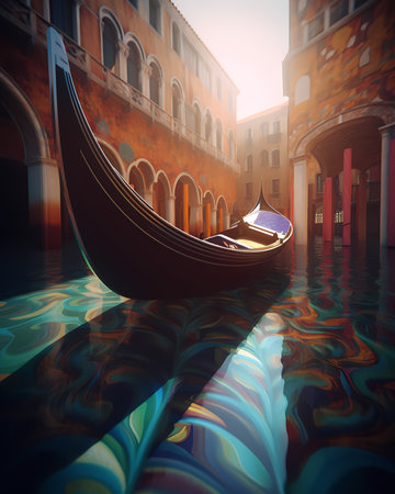 Illustrative painting of the city of Venice. A canal with a gondola. Generative AI.の素材