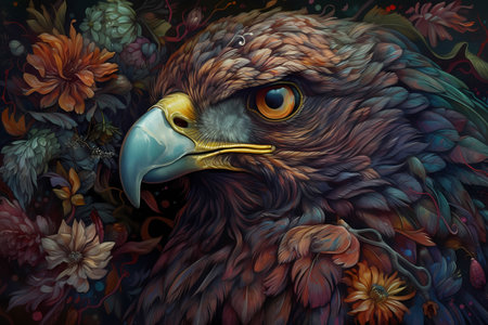 Stunning illustration of an eagle with floral ornaments. Multicolored surreal elements. Generative AI.の素材