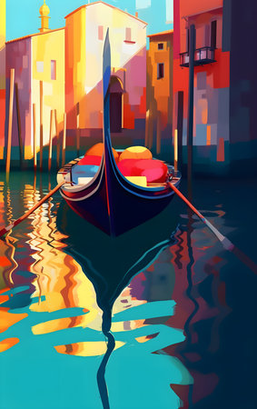 Illustrative painting of the city of Venice. A canal with a gondola. Generative AI.の素材