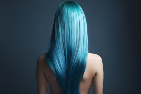 Woman with blue dyed hair seen from the back. Related to hair care and beauty products. Generative AI.の素材