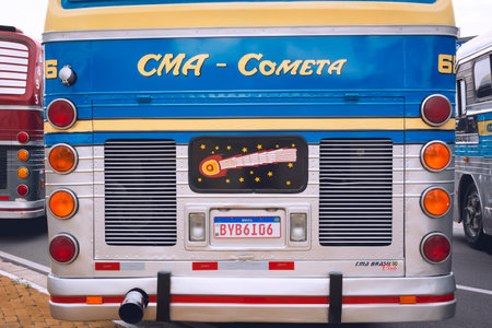Bus vehicle CMA Flecha Azul III Scania K113 CL 1994 on display at Bus Brasil Fest 2022 show, held in...
