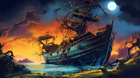 Surreal painting of an old boat abandoned in a swamp. Forgotten in the Wilderness. Generative AI.の素材