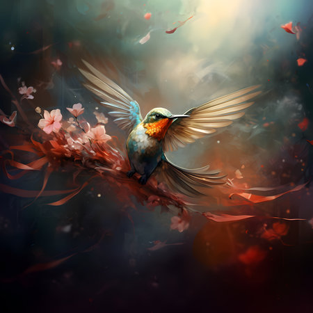Bird illustration with open wings and floral ornament. Artwork in oil painting style. Cinematic light. Generative AI.の素材